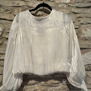 Anthropologie Shimmer Pleated Balloon Sleeve Blouse Size S Ivory